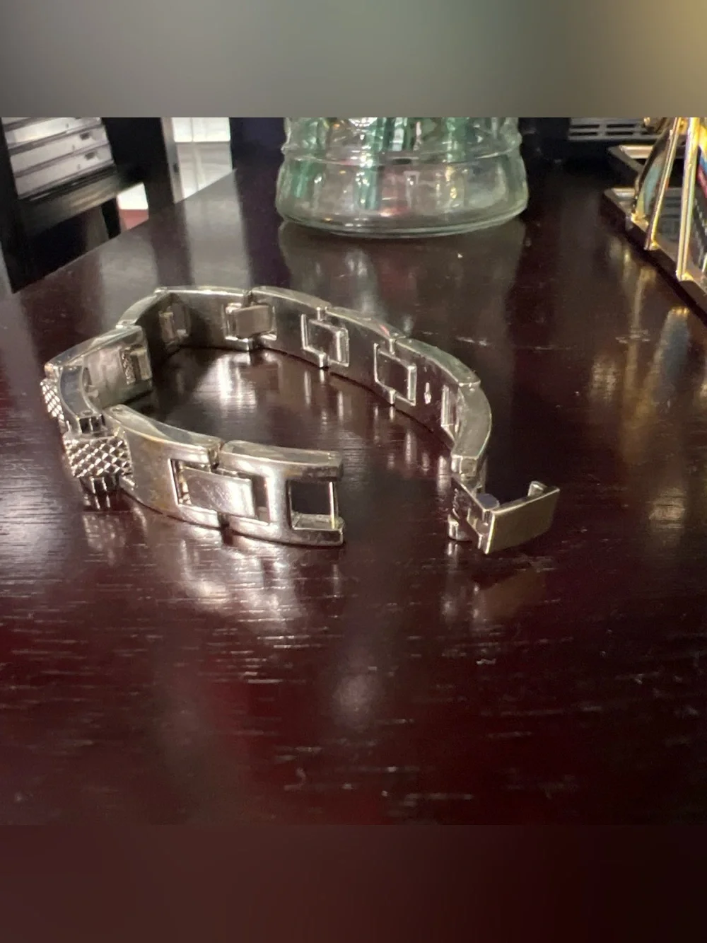 Silver Tone Linked Bracelet - Geometric Accent